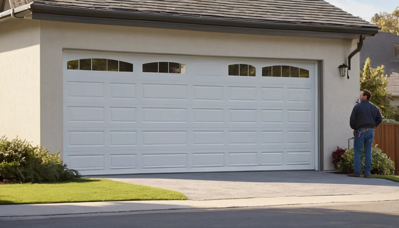 A garage door provider checking a newly installed garage door at a home in Garden City