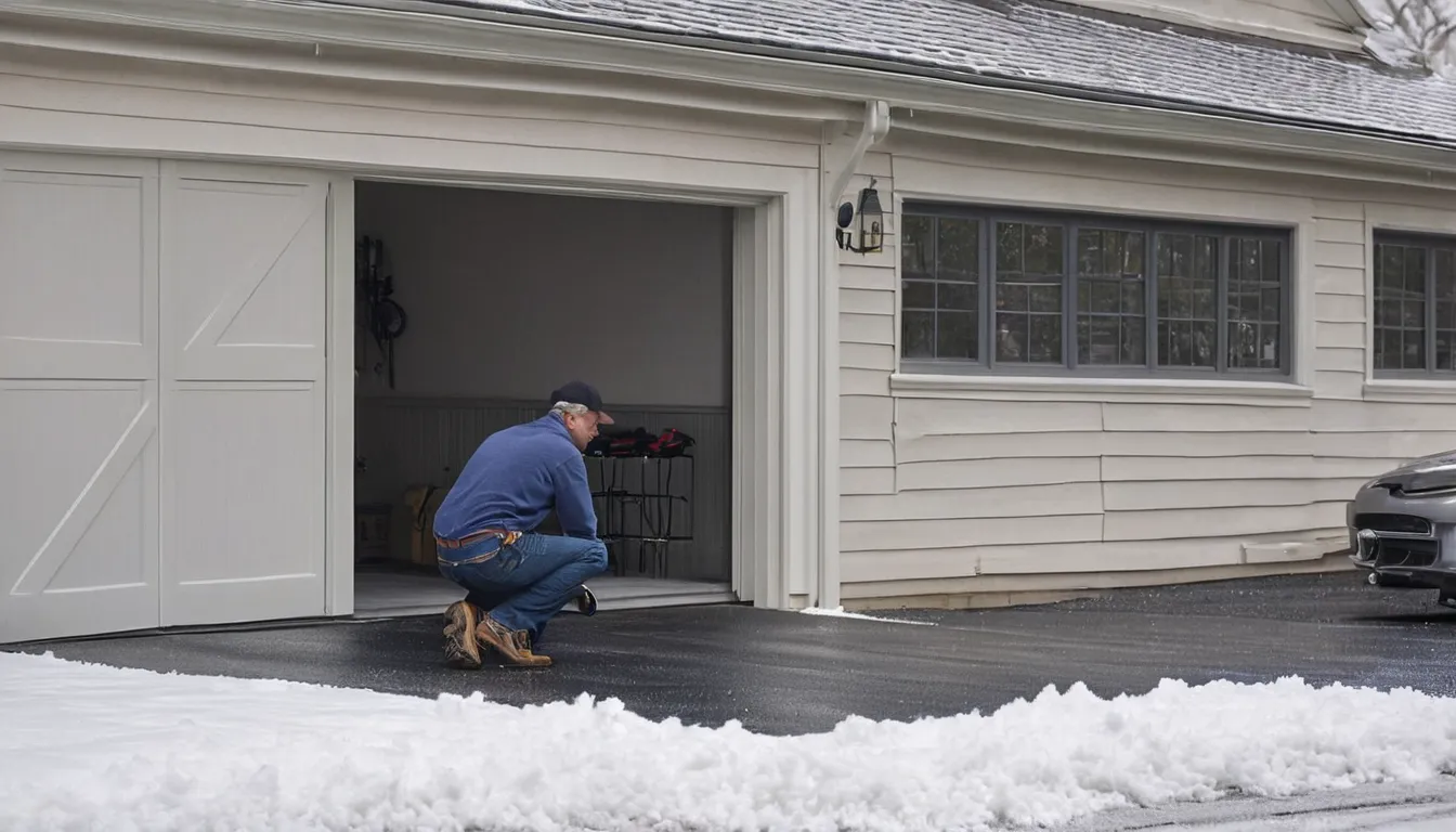 Friendly garage door provider checking the track of a residential garage door in Garden City