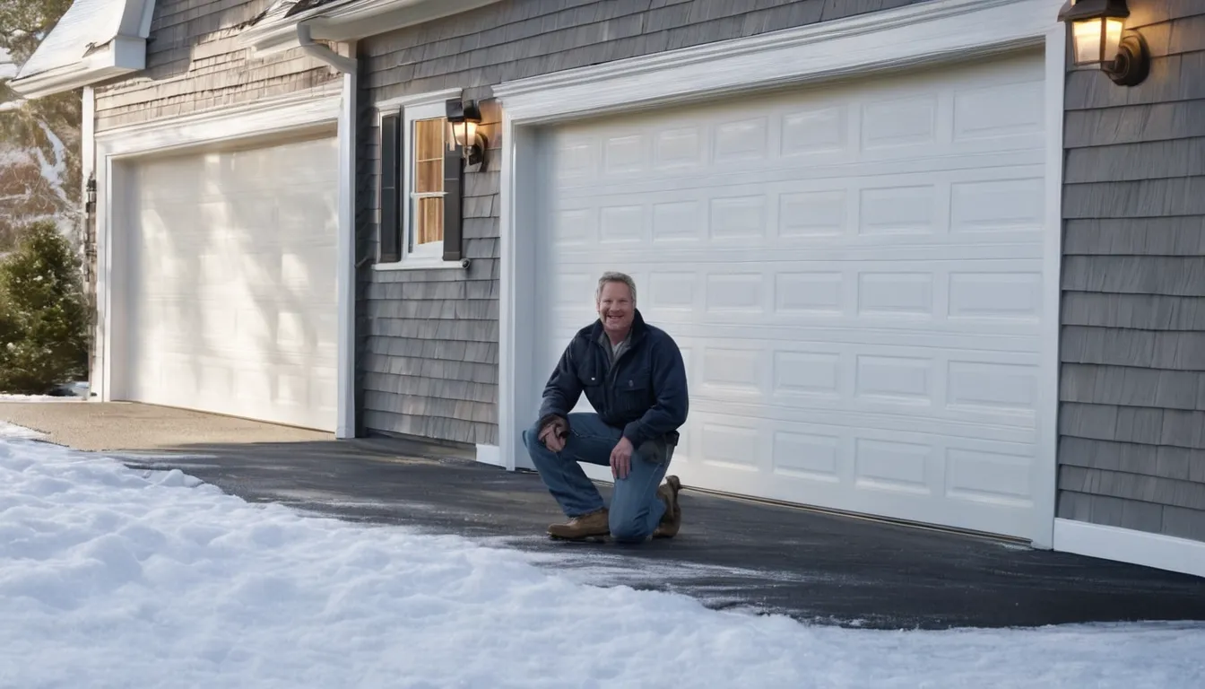 Friendly garage door provider checking a spring above a residential garage door in Garden City